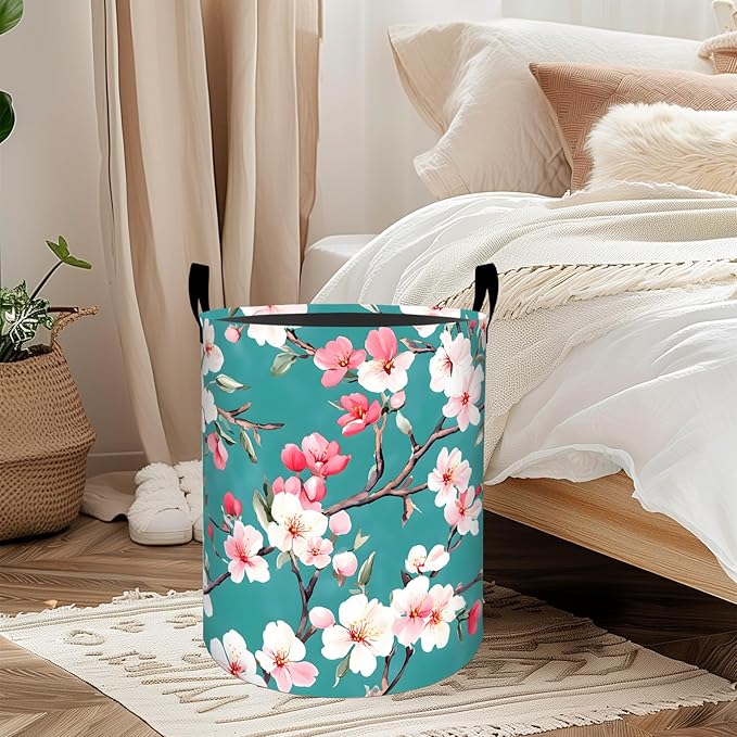 ainori Cherry Blossom Laundry Basket, Oxford Cloth Romantic Elegant Dirty Clothes Collapsible Hamper for Room Decor, Floral Botanical Print Gifts Toy Organizer 19.7*15.8 Inch for Bedroom Bathroom Dorm