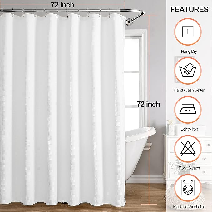 MISS SELECTEX Matt Waffle White Shower Curtain for Bathroom, Waterproof 230 GSM Heavy Duty Durable Fabric Hotel Shower Curtain,Machine Washable Thick Cloth Shower Curtains(72Wx72H, White)