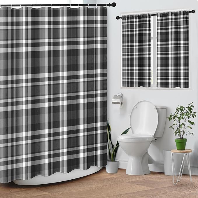 Culudea Plaid Black White Grid Shower Curtain Set, Checkered Modern Geometric Bathroom Window Waffle Cloth Waterproof Shower Curtains for Bathroom Decor