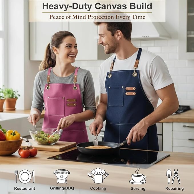 Canvas Work Apron for Men Women with 3 Pockets Heavy Duty Crossback Kitchen Chef Aprons for Cooking Grilling Barista