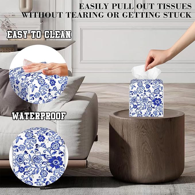 OHEGBXE Tissue Box Holder Watercolor Blue Flowers Square Leather Tissue Box Cover Modern Cube Facial Paper Cover Case for Bathroom Vanity Countertop Night Stands Tabletop