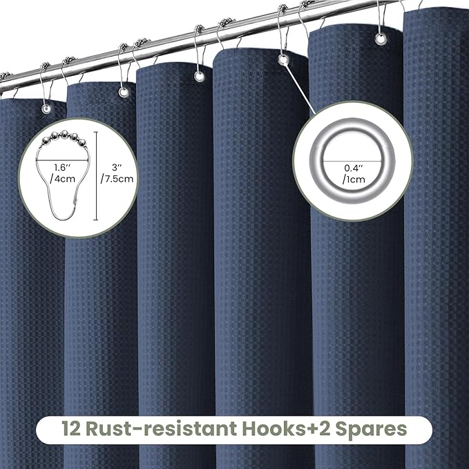 Inhousolu Fabric Shower Curtain Waffle Weave, Navy Blue 230 GSM Heavy Duty, Weighted Hem, 14 Metal Hooks, Water Repellent, Machine Washable, Hotel Spa Luxury Bath Curtain Set, 72 x 96 Inch