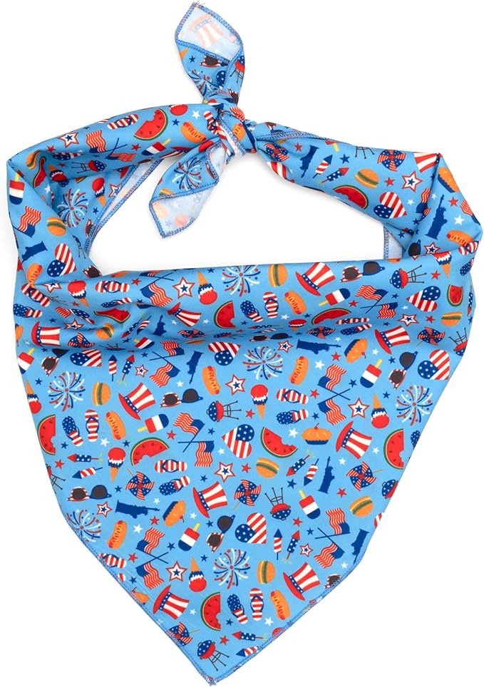 THE WORTHY DOG Classic Tie-Ay Dog Bandana – Soft Cotton Flannel Square Pet Bandana, Independence Day Pattern, Blue, Small