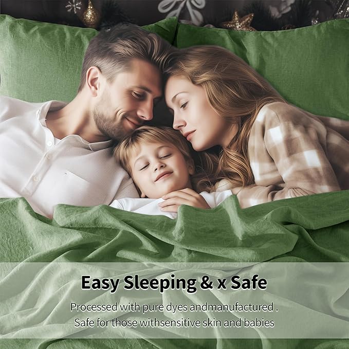 LBRO2M 100% Linen Sheet Set Twin XL Size,Bed Sheets 3 Piece Sets,Solid Color Natural Flax Bed Sheets Soft Breathable Bedding,16" Deep Pocket,All Season (Twin XL, Green)