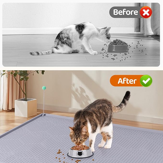 Bartuke Cat Food Mat with Toy Ball, 38'' x 25'' Extra Large Silicone Pet Feeding Mat with Raised Edge Pet Placemat for Food and Water Bowl Non-Slip, Easy to Clean, Floor Protection (Grey)