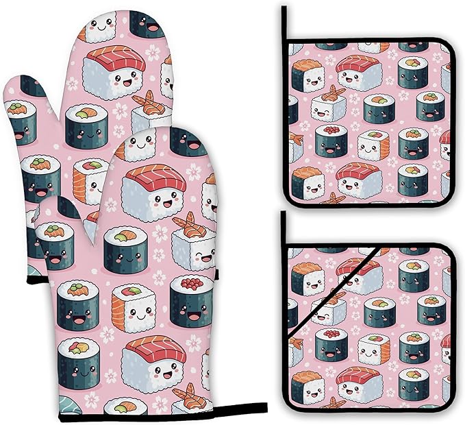 Cute Sushi Roll Japanese Oven Mitts and Pot Holders Set,Kitchen Decor Heat Resistant Non Slip Hot Pads and Oven Mitt for Chef Cooking Baking BBQ Mom Girl Gifts(4 Piece Set)