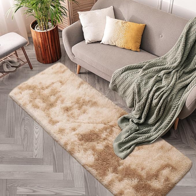 2x6 Soft Fluffy Beige Runner Rug for Bedroom Hallway, Plush Shag Rug Tan Carpet Non Slip Washable for Nursery Dorm Living Room, Fuzzy Bedside Long Rug Runner for Kids Girls Room Decor