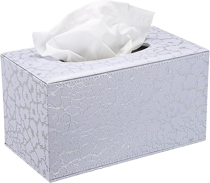 Sumnacon Rectangle Tissue Box Cover - Large Leather Tissue Box with Magnetic Bottom, Stylish PU Tissue Box Holder, Cube Tissue Cover for Bathroom Toilet Bedroom Living Room Table Desk Office,Silver