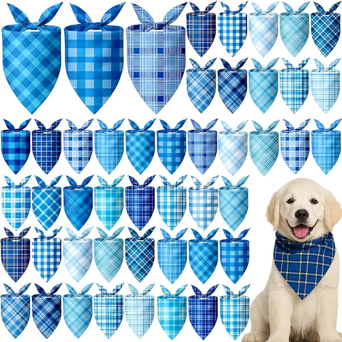 Abbylike 50 Pcs Winter Plaid Dog Bandanas Bulk Blue Bandanas for Dogs Triangle Kerchief Bibs Scarf Set for Pet Winter Costume Photo Props Accessories Pet Shops (25.6 x 17.7 x 17.7 Inch)