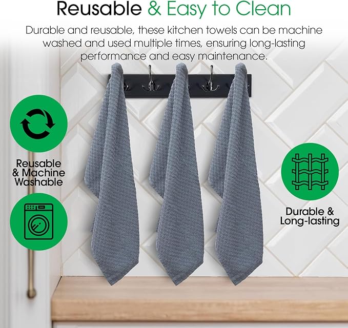 DG Collections Grey Kitchen Towels - 100% Cotton Terry Tea Towels for Cleaning, Drying, and Highly Absorbent Kitchen Dish Cloth for Bar Cleaning - 8 Pack - 15 x 25 Inches