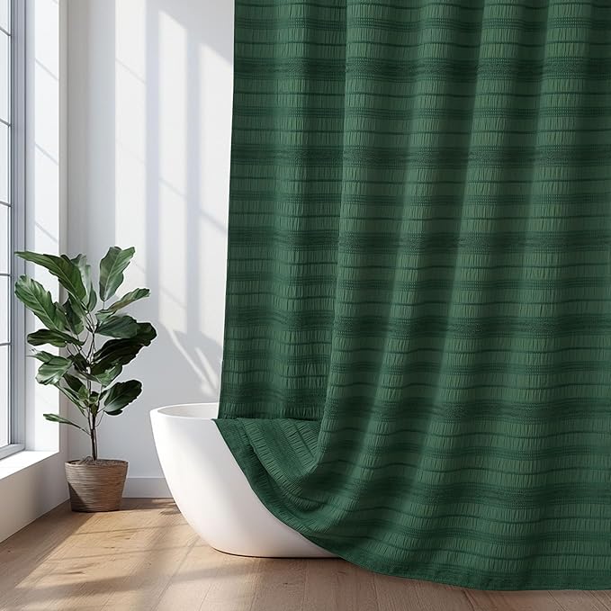 Siiluminisoy Dark Green Boho Shower Curtain, 72 x72 Cotton Blend Tufted Fabric Waffle Textured Farmhouse Shabby Chic Rustic Minimalist Striped for Bathroom, Hotel