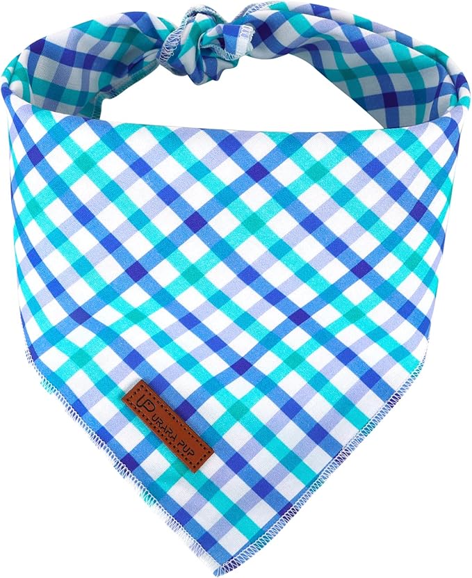 UP URARA PUP Summer Bandana - Comfortable Cotton Grid Triangle Bid Scarf for Puppy, Washable Pet Kerchief for Boy or Girl Dogs or Cats, Blue and White Cute Bandana, Classic Dog Bid Scarf