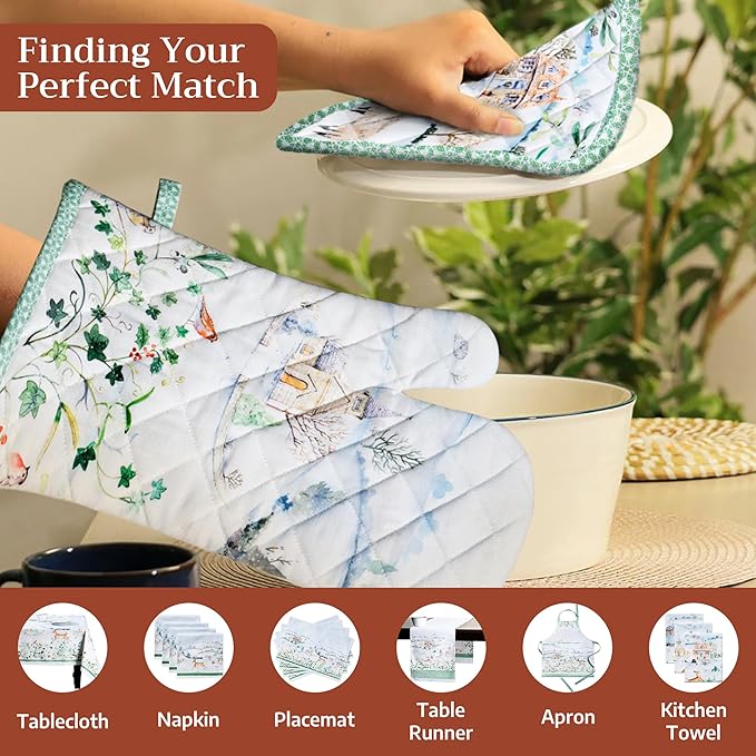 Maison d' Hermine Pot Holders Set 100% Cotton Heat Resistant Potholders 8" x 8" Hot Pads with Loop for Thanksgiving Christmas Decorations BBQ Cooking Baking Handling Hot Pans (Pack of 2, Snowy World)