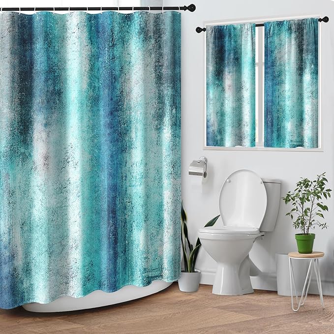 Culudea Turquoise Teal Grey Gray Waffle Textured Cloth Shower Curtain Set, Painting Abstract Modern Art Bathroom Window Waterproof Shower Curtains for Bathroom Decor