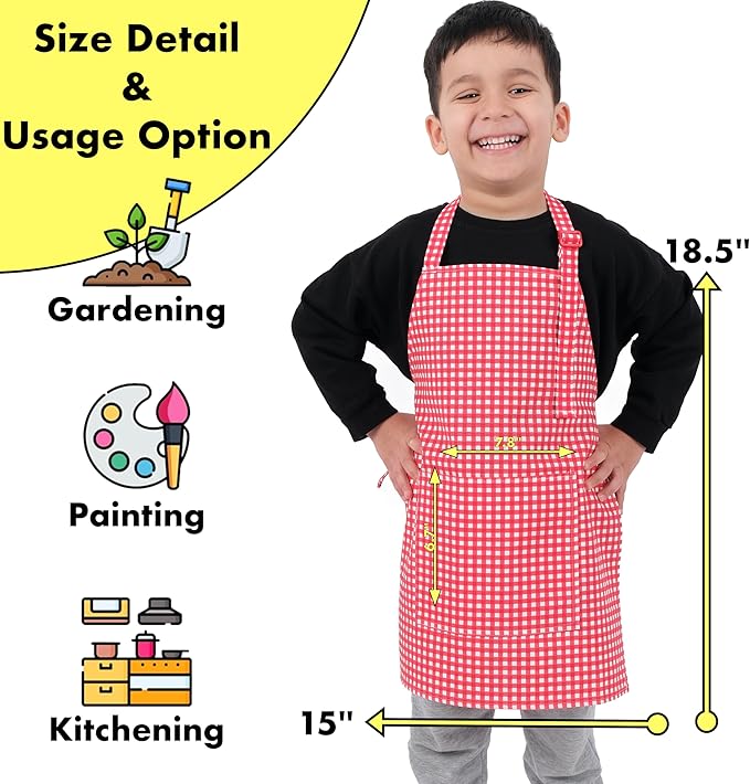 Kids Aprons for Cooking Waterdrop Resistant Aprons for Girl & Boy Toddler Apron for Painting, Gardening, Baking, Smock (Plaid Red, Small (3-5 years))