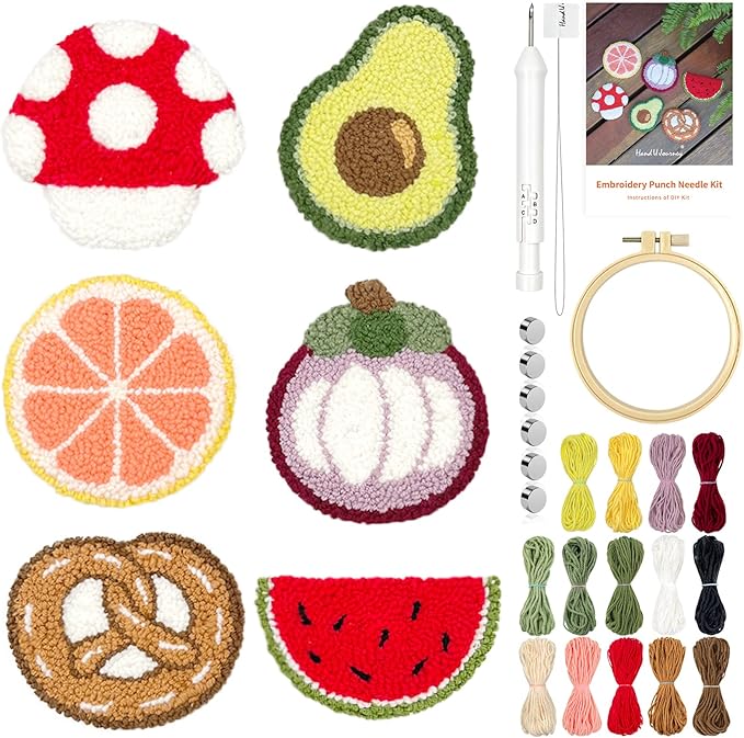 HAND U JOURNEY 6Pcs Food Series Embroidery Punch Needle Refrigerator Magnets Set – Rug Punch DIY Craft Kit for Adults and Beginners