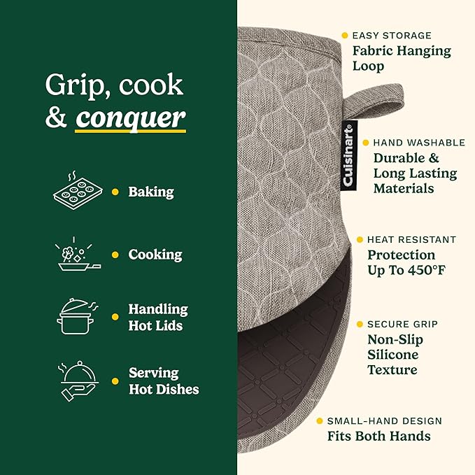 Cuisinart ShieldPro Silicone Oven Mitts – 5” x 8.5” Heat-Resistant Mini Kitchen Mitts for Oven with Non-Slip 100% Silicone Palm, Cotton Filling, and Hanging Loop