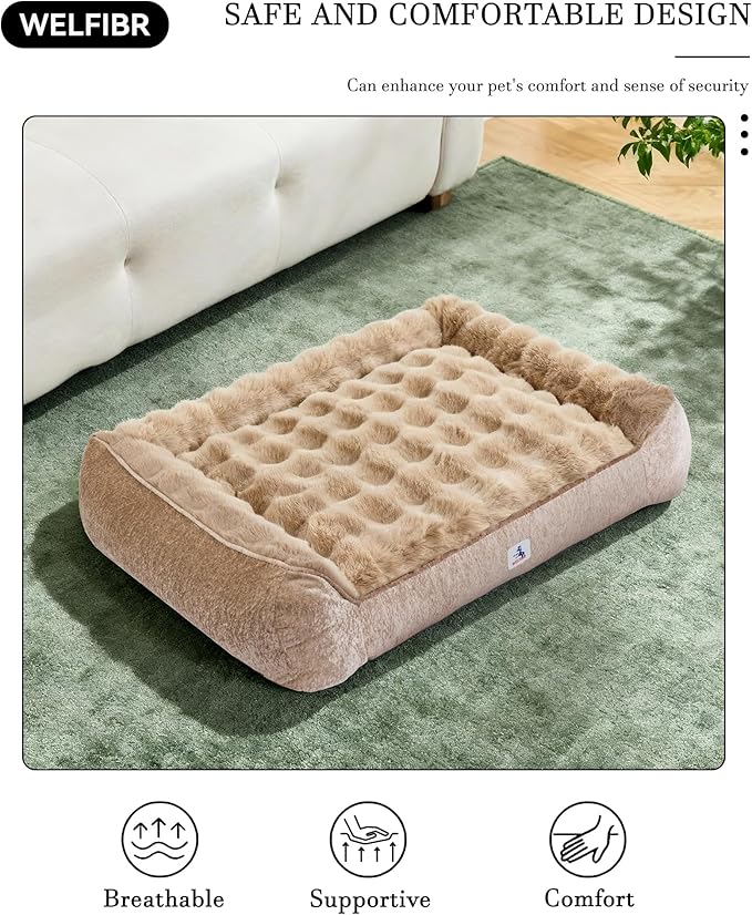 Welfibr Fluffy Faux Fur Dog Bed Medium Size Dog Washable Rasied Dog Bed Orthopedic Dog Bed with Sides Noiseless Supportive Foam Dog Couch Anti-Slip Comfort Pet Beds with Removable Cover Brown 42"