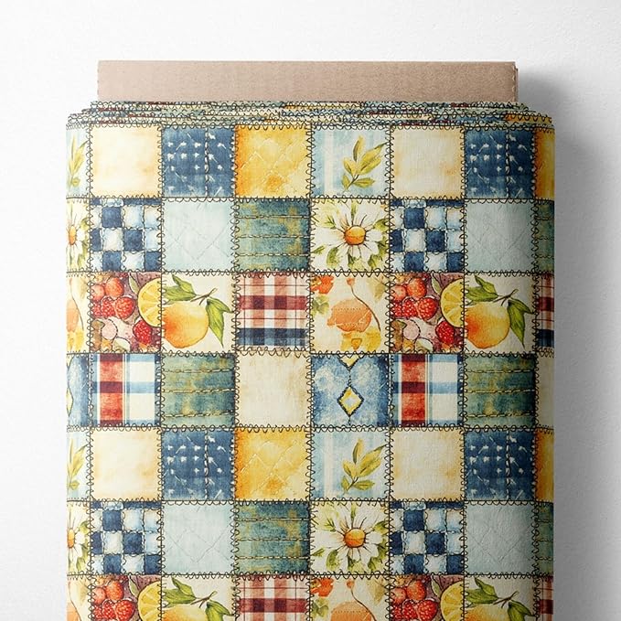 Patchwork Cotton Fabric Panel 61 x 36.6 Inches, Lemon Fruit Quilt Style Pattern, Rustic Blue Yellow Design, 100% Cotton 140 GSM