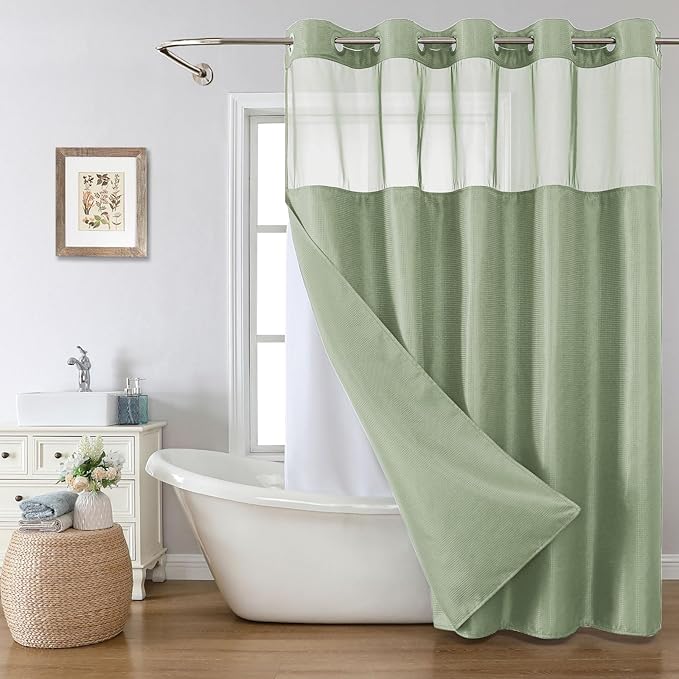 eachope Stall No Hook Shower Curtain with Snap-in Fabric Liner Set,Waffle Weave Shower Curtains for Bathroom,Hotel Luxury Decor Bathroom Curtain Set,Waterproof & Washable,Sage Green,54Wx80H