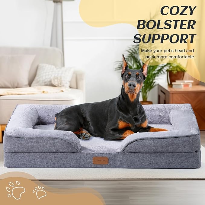 OUPEIWAWA Extra Large Dog Bed Orthopedic with Bolster Sides Removable Egg-Crate Foam Waterproof Liner Pet Bed Sofa Couch with Removable Washable Cover Non-Slip Bottom, Gray1