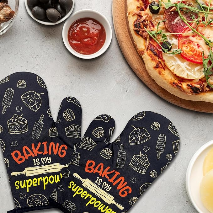 2 Pack Funny Baking Oven Mitts for Women, Baking is My Superpower, Heat Resistant Silicone Non-Slip Mitts, Hostess Gifts for Mom Wife Sister, Housewarming Gifts for Chef Friend Bake Lovers
