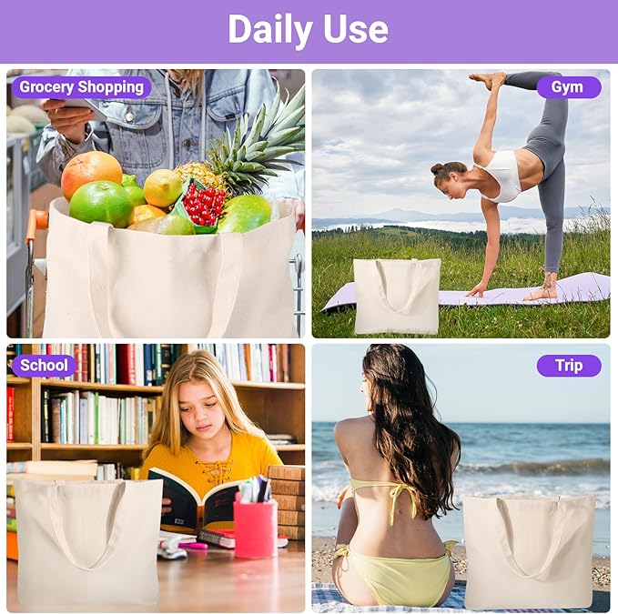 Segarty Small Canvas Tote Bag for Women, 3 Pack 15.75x11.8x3.9 Blank Canvas Tote Bags, Reusable Tote Bag with Natural Cotton and Shoulder Strap, Bulk for DIY, Grocery Shopping, Beach, Travel，Gift