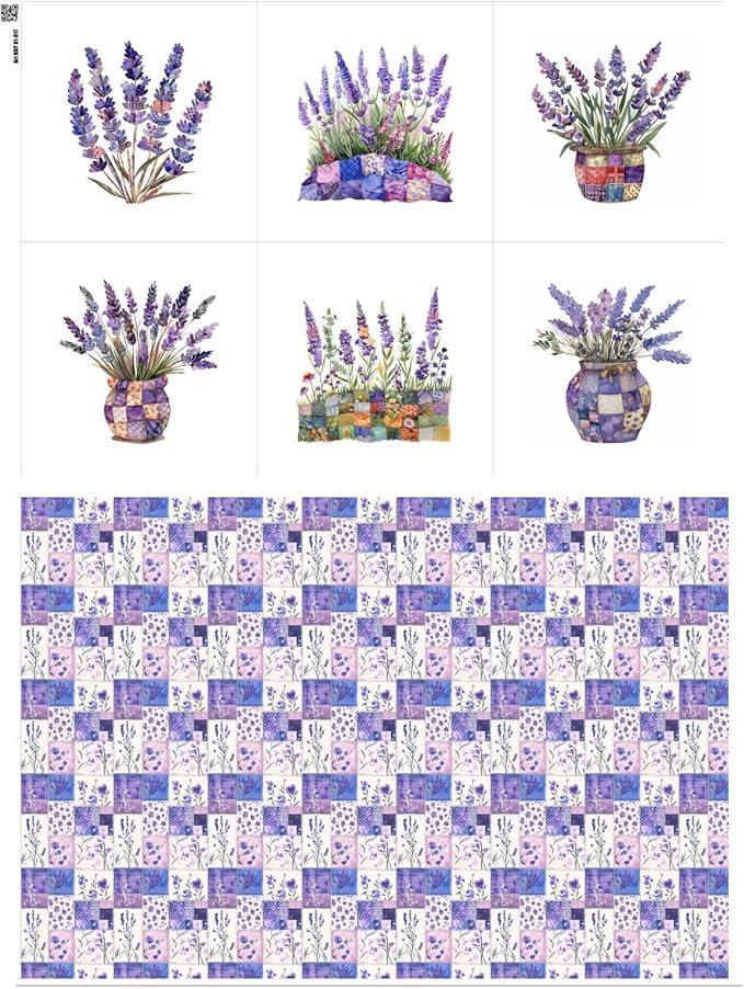 Lavender Patchwork Cotton Fabric Panel – 6 Designs (10×10 inch Each) + Bonus Sheet 29.5×19.6 inch, 100% Cotton 140 GSM, Made in Türkiye