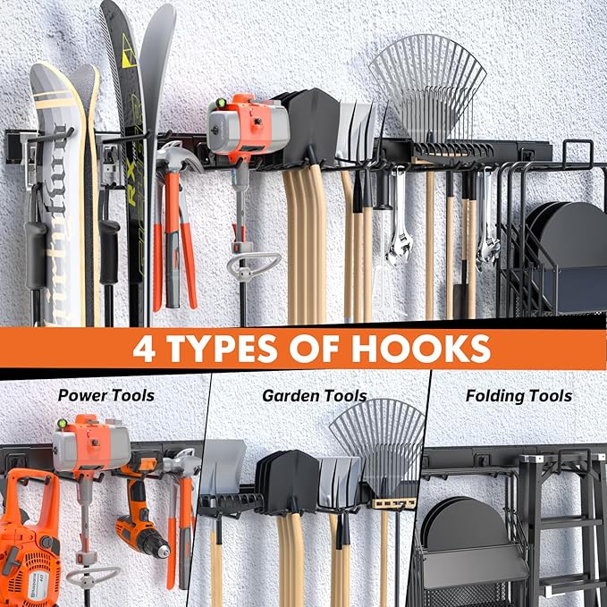 Lvoess 64'' Garage Tool Organizer Wall Mount, 620lbs Heavy Duty Metal Storage Rack | Adjustable Hooks Garden Tool Organization System | Anti-Rust Shed Rack for Hanging Shovel, Rake, Broom, Snowboard