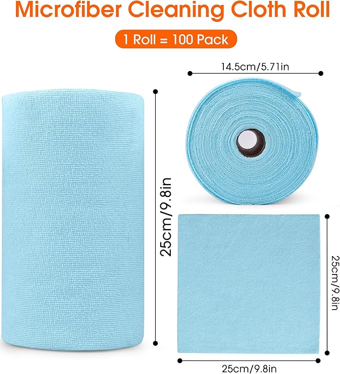 CHAUNCEY HOME Microfiber Cleaning Cloth Roll - 100 Pack Tear Away Microfiber Paper Towels, Reusable, Washable, Scratch-Free, Kitchen Towels for Car, Home, Kitchen, Glass, Dishes (Blue)
