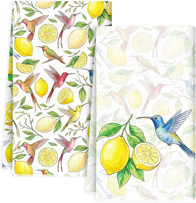 Ruirichfun Lemon Kitchen Towels,Set of 2 Spring Dish Towels for Kitchen Cute Lemon Flower Decoration Towels Microfiber Absorbent Reusable Cloth Dish Towel for Decorative Housewarming Vintage Design