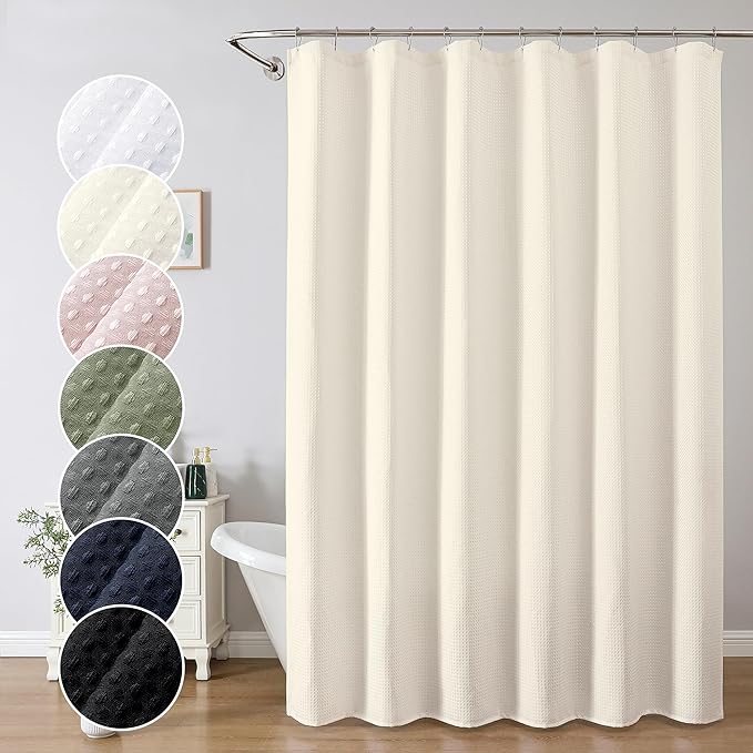 OWENIE Cream Shower Curtain 84 Inches Extra Long, Waffle Weave Heavy Fabric Shower Curtain for Bathroom, Waterproof Soft Hotel Spa Luxury Elegant Bath Curtains, Machine Washable, Cream, 72x84 Inch