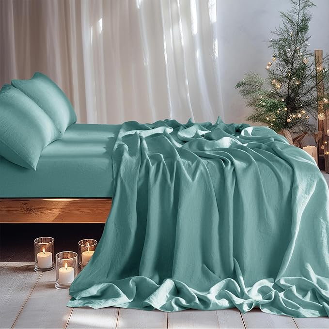 LBRO2M 100% Linen Sheet Set California King Size,Bed Sheets 4 Piece Sets,Solid Color Natural Flax Bed Sheets Soft Breathable Bedding,16" Deep Pocket,All Season (Clifornia King, Aqua)