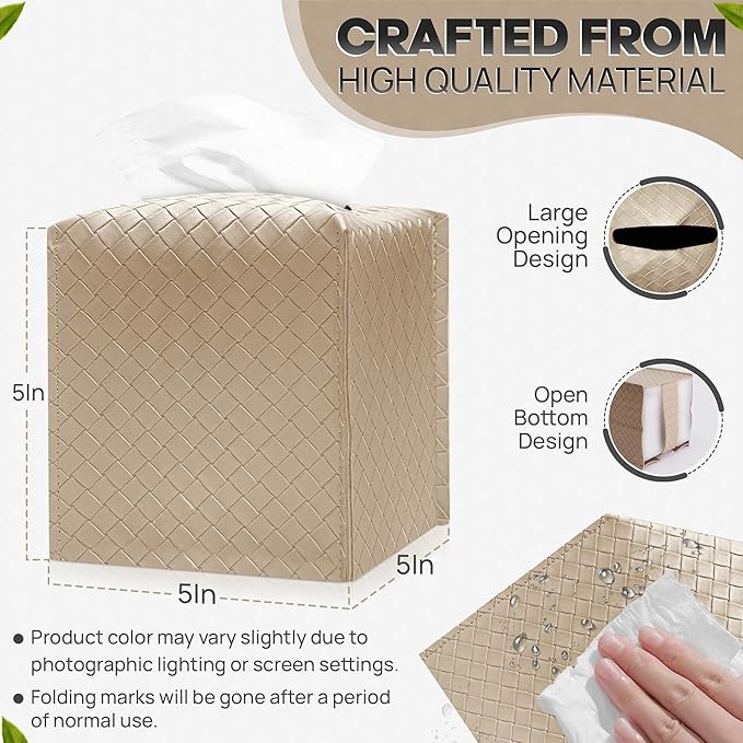 Tissue Box Cover Holder, PU Leather Tissue Box Cover with Braided Pattern, Square Tissue Holder with Bottom Belt, Modern Organizer for Bathroom, Car, Office,(Wood Grain Apricot, 12 Braided Patterns)