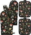 Cotton Oven Mitts and Pot Holders Sets - Quilted Lining Heat Resistant 4 Pieces Set with Hanging Loop Cute Farmhouse Boho Spring Kitchen Decor and Accessories, Black Mushroom