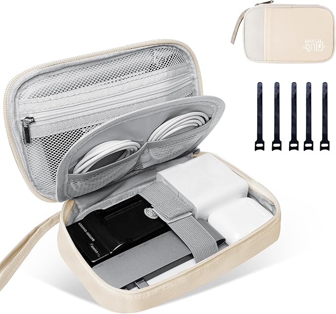 Lcsmaokin Electronics Travel Organizer,Portable Waterproof Electronic Travel Storage Bag for Small Charging Cord Storage,Charger,Small Electronics,SD Card,with 5 Cable Ties,for Travel,Business-Beige