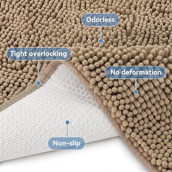 Bcoimo 30"×20" Absorbent Bath Mat, Non-Slip with Backing Chenille Bath Rug and Machine Washable Bathroom Mat Quick-Dry Design. Ideal for Bathroom and Tub Areas