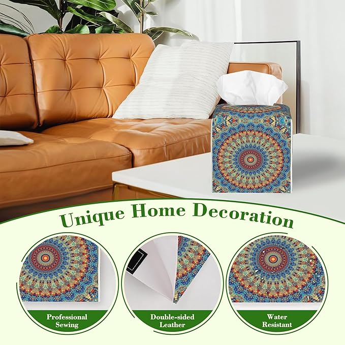 Boho Mandala Flower Tissue Box Cover,Abstract Mandala Floral Waterproof Leather Square Tissue Box Cover Case Facial Paper Organizer Dispenser Box Holder for Home Office Bathroom Vanity Countertop
