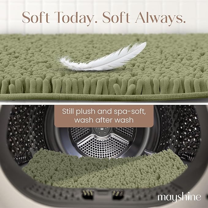 MAYSHINE Plush Shaggy Chenille Bath Mat | Extra Soft, Super Absorbent, Non-Slip Bathroom Rug | Fluffy Microfiber, Area Rug Sets for Bathroom Floor, Kitchen, Living Room | 24"x17" | Sage Green