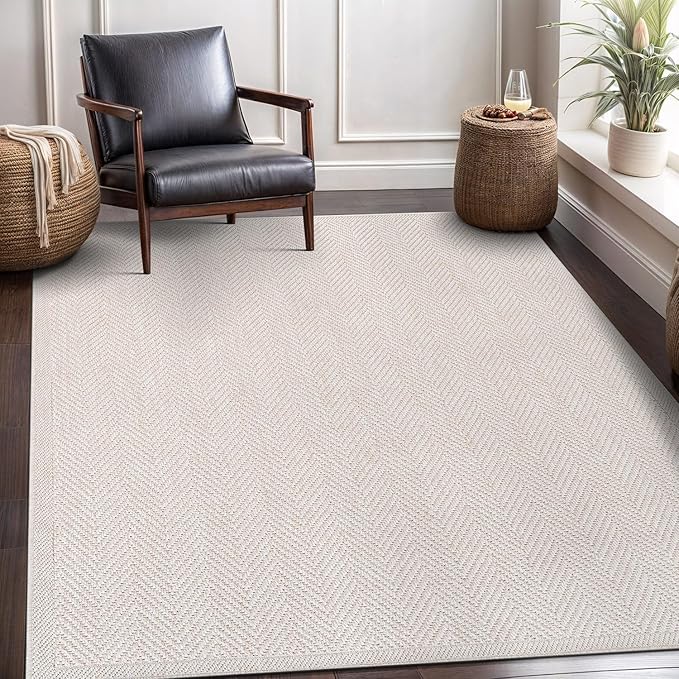 CAMILSON Easy Jute Rug 6x9, Indoor Outdoor Off-White Color Fiber Area Rugs for Living Room Patio and Bedroom Rug Herringbone Seagrass Woven Design Easy-Cleaning, Washable Outside Carpet Alfombras 6x9