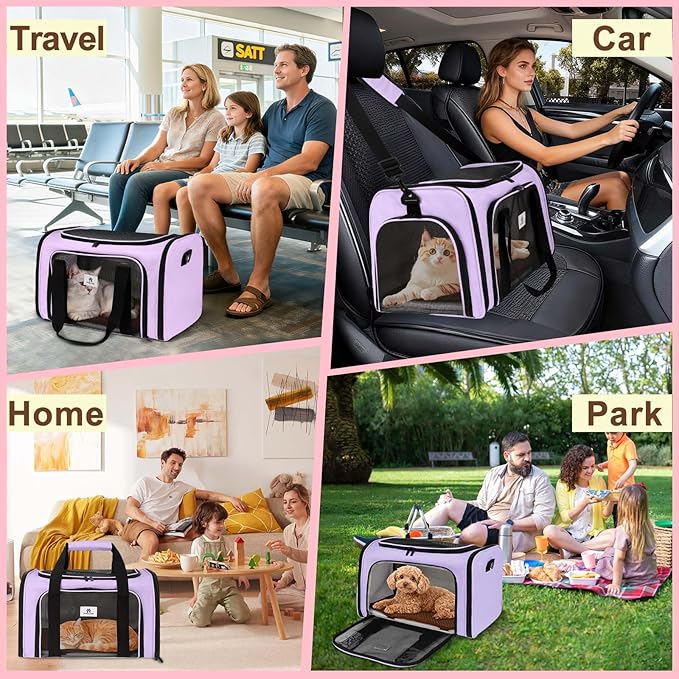 DSDCDJ Cat Carrier Dog Carrier - Soft-Sided Cat Carrier with Plush Pad & Cooling Mat, Easy-Load 4-Side Zipper & 3-Side Mesh Ventilation, Pet Carrier Airline Approved for Cats/Dogs Up to 20 lbs, Purple