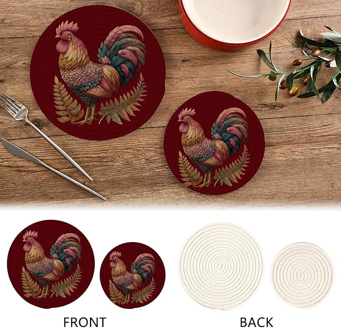 Boccsty Rooster Sunflower Trivet Mat 2PCS Farm Animal Round Woven Potholders Kitchen Table Countertop Protector Hot Pads Farmhouse Coasters Counter Mats?for Cooking Baking