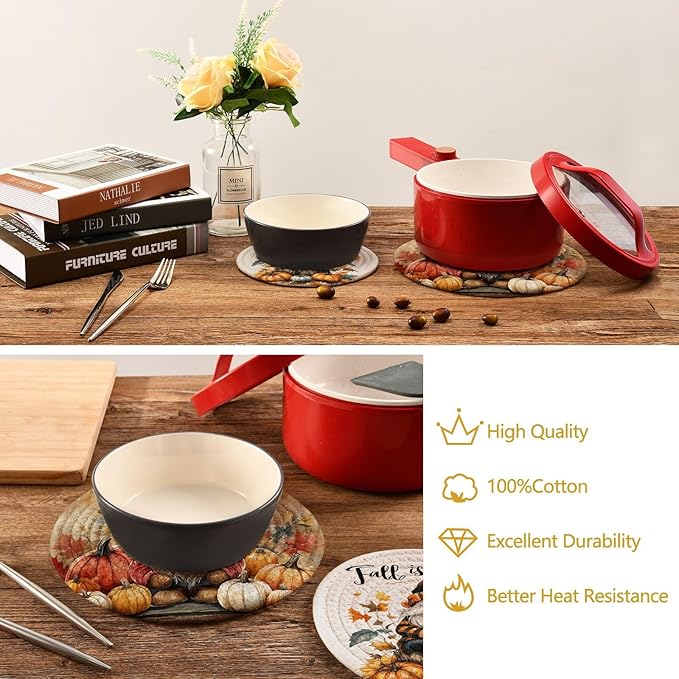 Autumn Gnome Trivet Mat 2PCS Fall Leaves Pumpkin Round Woven Potholders Kitchen Table Countertop Protector Hot Pads Farmho