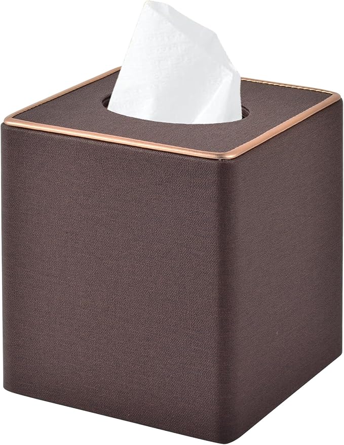 RHCSZ Linen Square Tissue Box Cover,Cube Tissue Box Holder－Excellent Rosegold Leather Decoration,Table Napkin Case Dispenser,Facial Tissues Organizer with Magnetic Bottom for Home Office Car(Coffee)