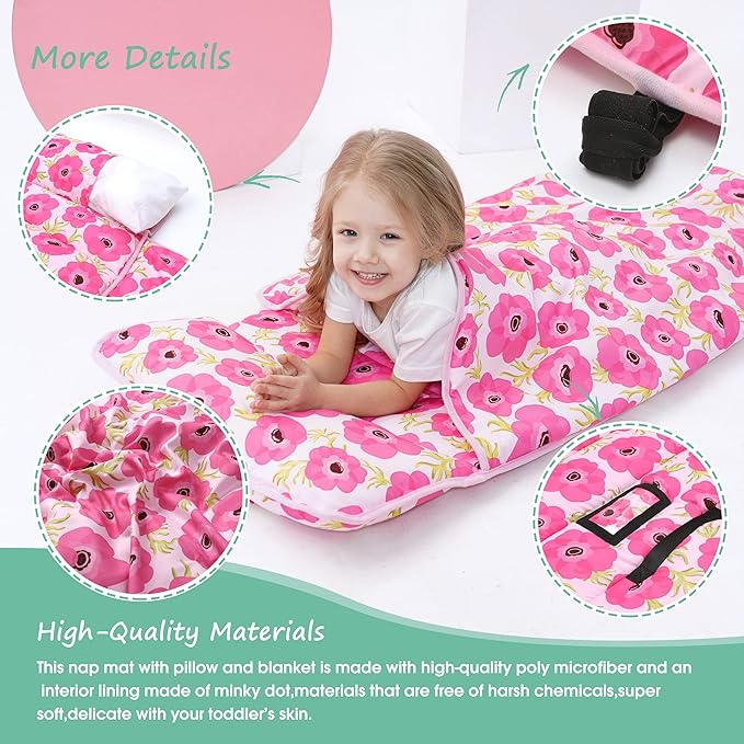 ACRABROS Toddler Nap Mat with Pillow and Blanket, Extra Large Rolled Napping Mats,Slumber Bags for Boys Girls,Kids Sleeping Bag for Daycare, Preschool Travel Camping,Gouache Floral