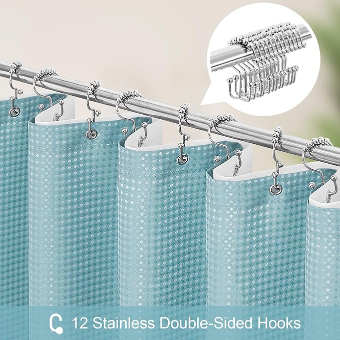 Craidlela 3 in 1 Shower Curtain Set, Teal Blue Waffle Shower Curtain and PEVA Liner Set with 12 Stainless Steel Shower Curtain Hooks, Waterproof Fabric Shower Curtains for Bathroom, 72 W x 72 H
