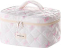 Quilted Makeup Bag, Large Capacity Travel Cosmetic Bag for Women and Girls, Aesthetic Storage for Daily and Travel (Pink Bow)