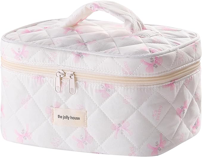 Quilted Makeup Bag, Large Capacity Travel Cosmetic Bag for Women and Girls, Aesthetic Storage for Daily and Travel (Pink Bow)