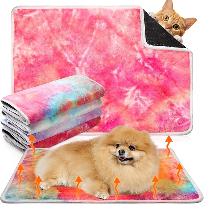 Clysee 4 Pack Self Heating Cat Bed Cat Self Warming Pad with Removable Cover Extra Warm Thermal Pet Pad Washable Pet Crate Mat Anti Slip Kennel for Indoor Outdoor Pets(Tie Dye,20 x 28 Inches)