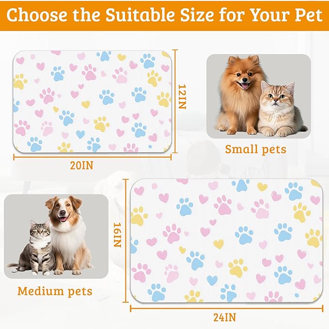 Dog Bowl Mat,Colorful Dog Paws Pet Feeding Mat for Floors Waterproof,Animal Absorbent Dogs Placemat for Food and Water Quick Dry Pet Cat Feeding Mats with Non Slip Bottom 12" x 20"